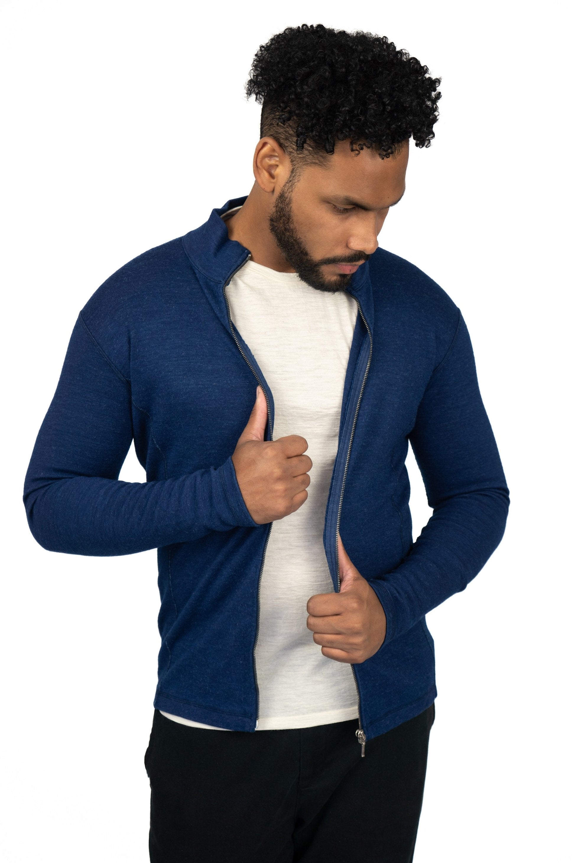 Men's Alpaca Wool Jacket: 420 Midweight Full-Zip color Natural Blue